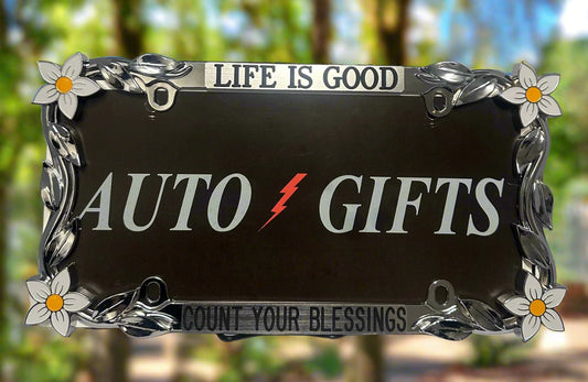 A chrome frame featuring hand painted daisy flowers with life Is Good Count Your Blessings