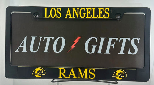 Black license plate frame with 'Los Angeles Rams