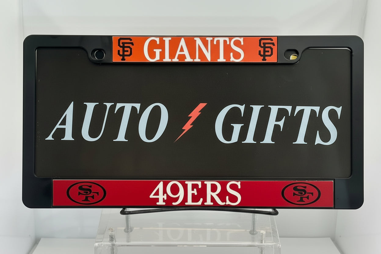 Black license plate with 'Giants' and '49ers